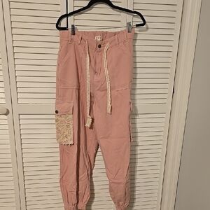 POL Boho Patchwork Joggers | Dusty Pink | Crochet Detail | M NWOT